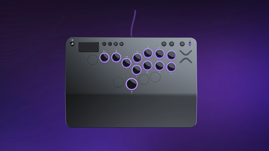 Grauer Victrix Pro KO Leverless Controller für PlayStation mit violett beleuchteten Tasten und Touchpad.