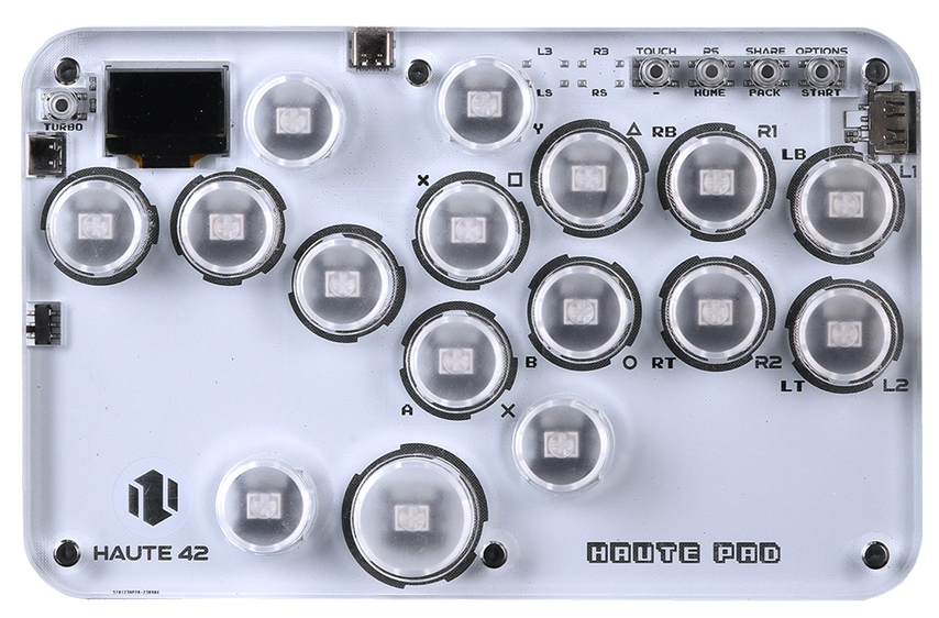 Kompakter transparenter Haute42 G16 Leverless Controller mit 16 Tasten und kleinem Display.