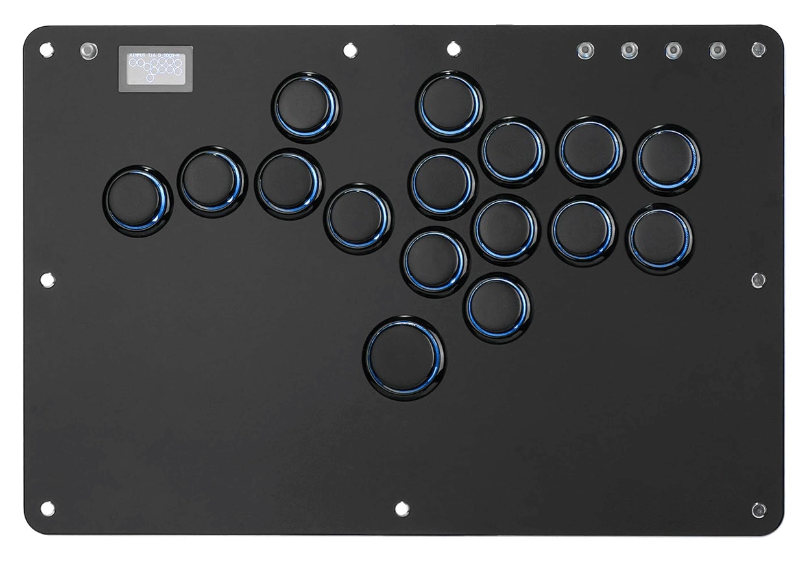 Schwarzer Haute42 R16 Leverless Controller mit 16 Tasten, blau beleuchteten Tastenringen und kleinem Display.