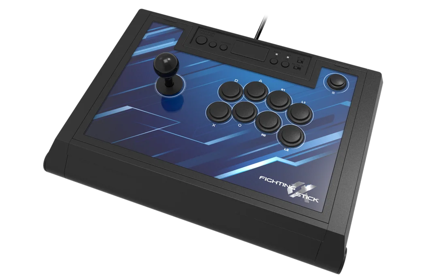 Schwarzer HORI Fighting Stick Alpha mit blauem Serien-Artwork, Hebel und acht Aktionstasten.