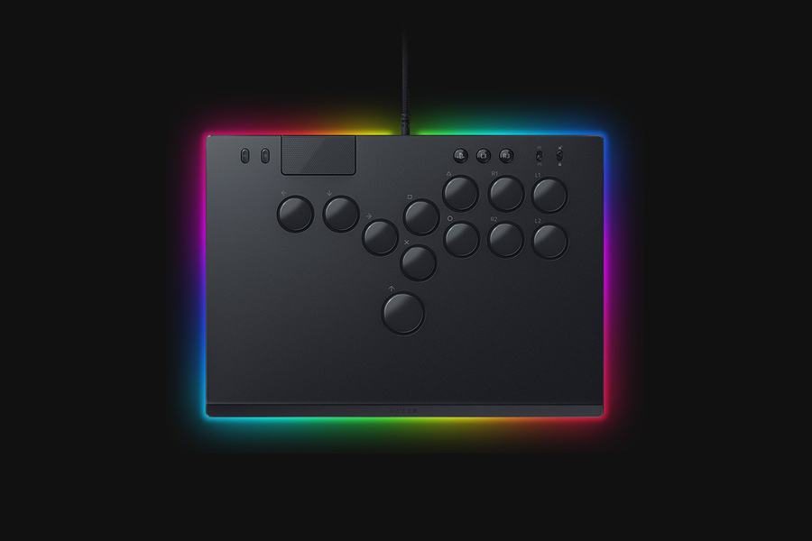 Schwarzer flacher Razer Kitsune Leverless Controller mit optischen Tasten und farbiger RGB-Beleuchtung.