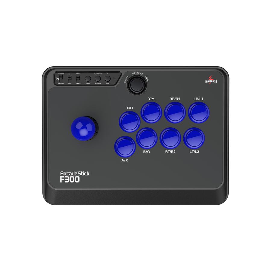 Schwarzer Mayflash F300 Arcade Stick mit blauem Hebel und blauen Aktionstasten.